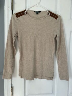 Ralph Lauren Beige Knit Long-Sleeve Top with Brown Shoulder Zips